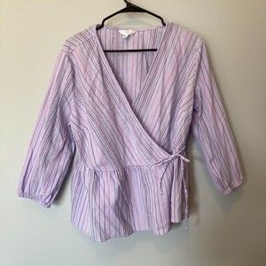 Time and Tru Wrap Top Womens Size L (12-14) Purple Stripe V Neck 3/4 Sleeve